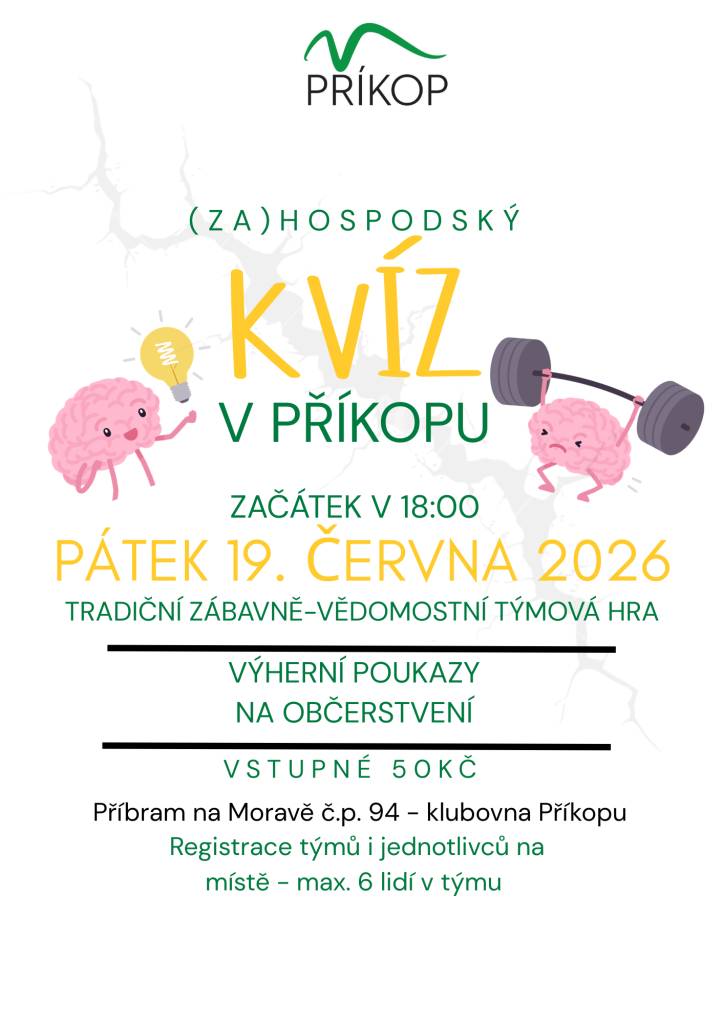 Příbramský komunitní prostor zve na hospodský kvíz v pátek 19.5.2026 na 18:00 hodinu do klubovny Příkopu.  Startovné 50 Kč, občerstvení zajištěno.