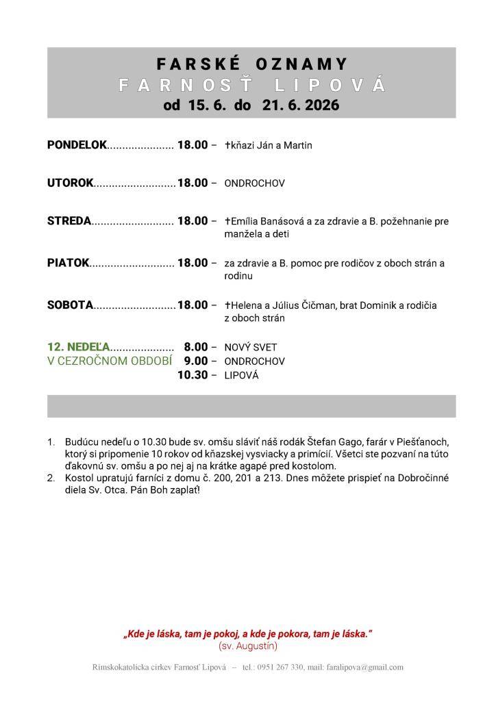 Poriadok bohoslužieb od 15.06. do 21.06.2026