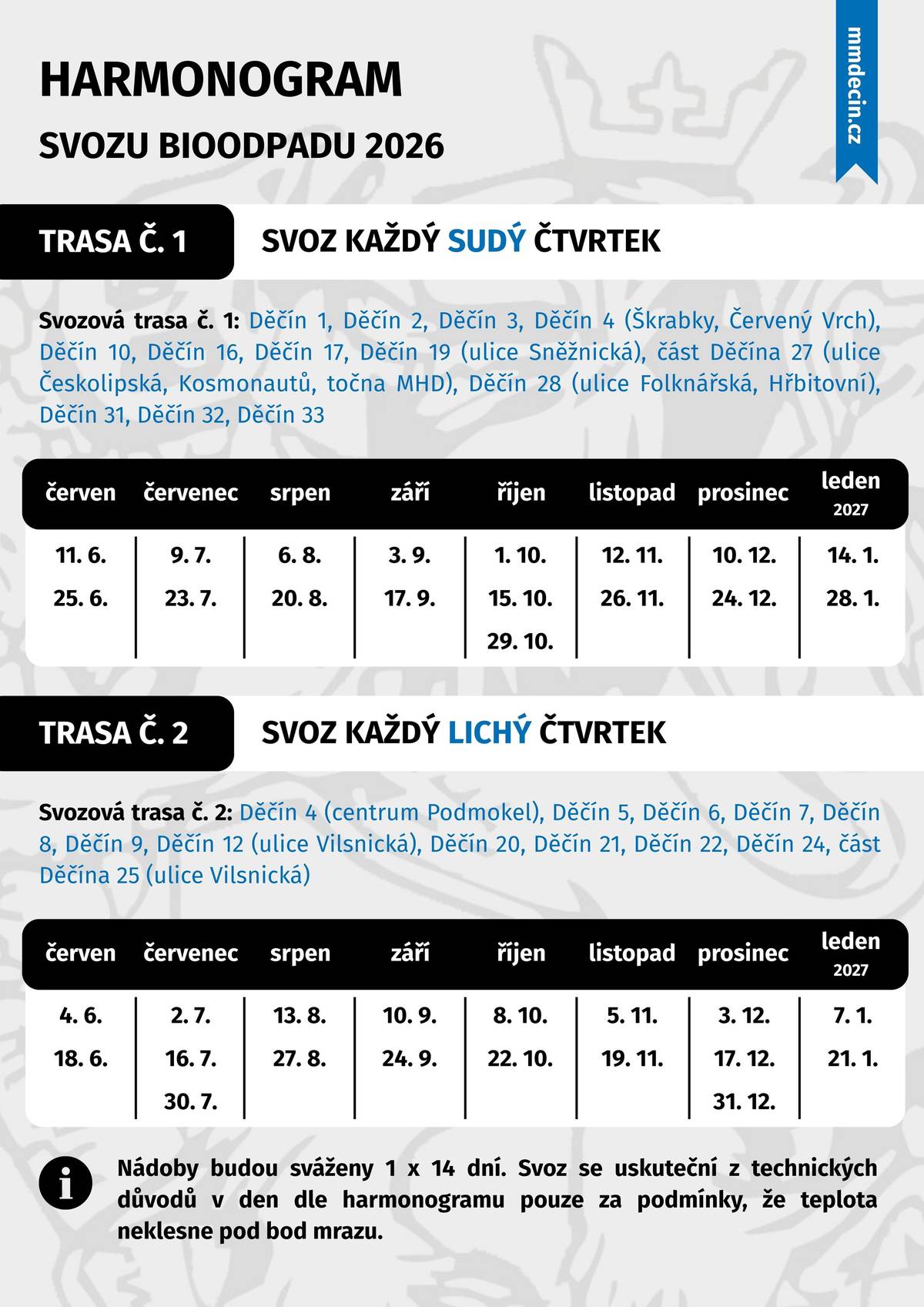 Ve městě máme dvě svozové trasy bioodpadu. Svoz probíhá střídavě každý čtvrtek. Aktuální harmonogram a další informace najdete na plakátu. Odpad ve městě sváží Technické služby, a. s.