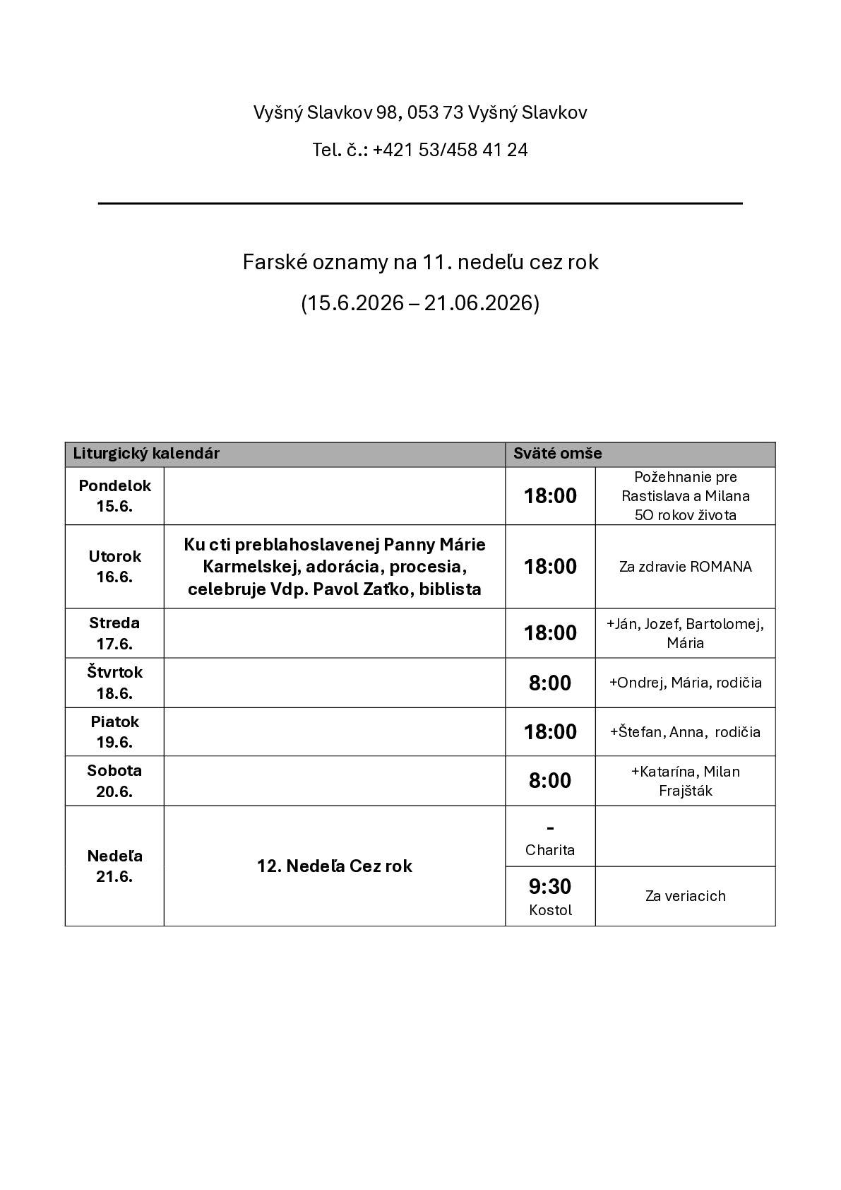 Farské oznamy na 25. týždeň