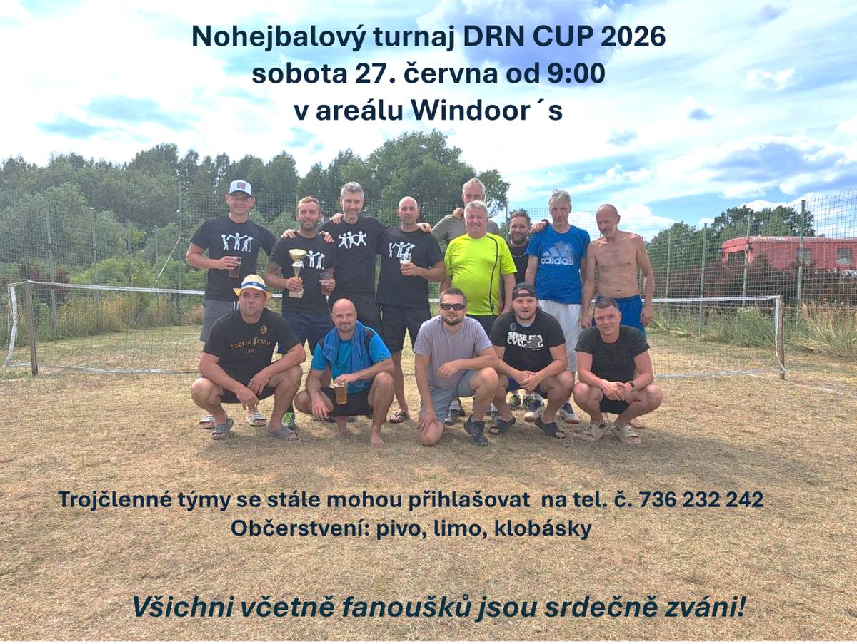 Nohejbalový turnaj pro tříčlenné týmy 27.6.2026 od 9 hodin v areálu Windoor´s