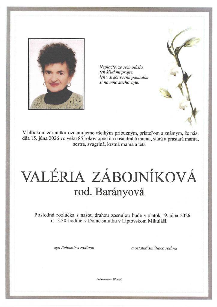 Smútočné oznámenie Valéria Zábojníková