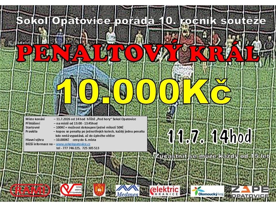 Penáltový král - TJ Sokol Opatovice pořádá 10. ročník soutěže dne 11.7.2026
