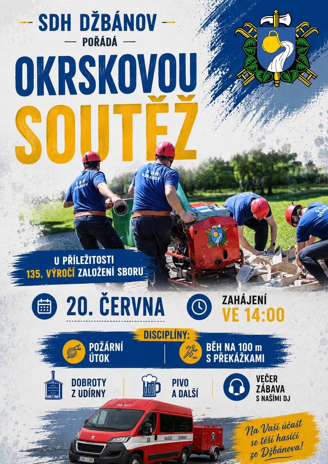 Jménem SDH Jehnedí vás zveme na zítřejší soutěž v požárním sportu do Džbánova. Přijďte se pobavit a zafandit našemu družstvu. Začátek ve 14:00 hod. Džbánováci tradičně připravili i večerní zábavu. Plakát přílohou.