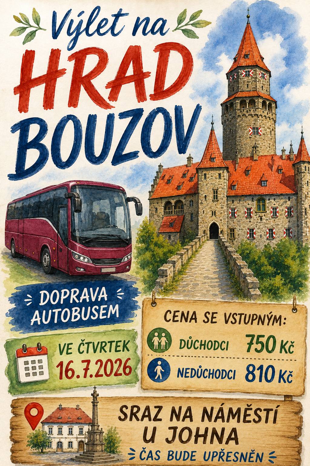 Výlet se uskuteční ve čtvrtek 16. července. Sraz bude na náměstí u cukrárny John, přesný čas bude ještě upřesněn. Cena včetně dopravy autobusem a vstupného: důchodci 750 Kč nedůchodci 810 Kč STÁLE VOLNÁ MÍSTA!  info: Jiří Růzha, 739 567 854