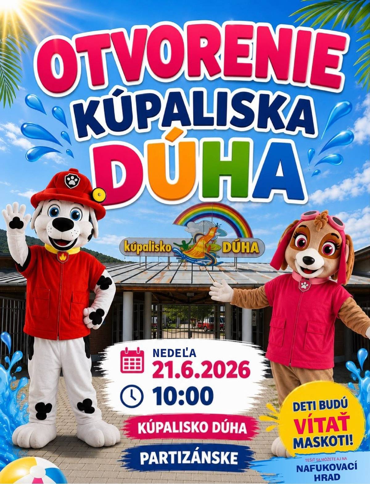 „Kúpalisko Dúha v Partizánskom pri príležitosti zahájenia letnej sezóny Vám oznamuje, že v nedeľu 21.6.2026 od 10:00 hodiny budú vítať detičky maskoti Labkovej patroly, čaká na Vás aj nafukovací hrad a ďalšie atrakcie, všetko v cene vstupného. Deti do 6 rokov majú vstup zdarma.“