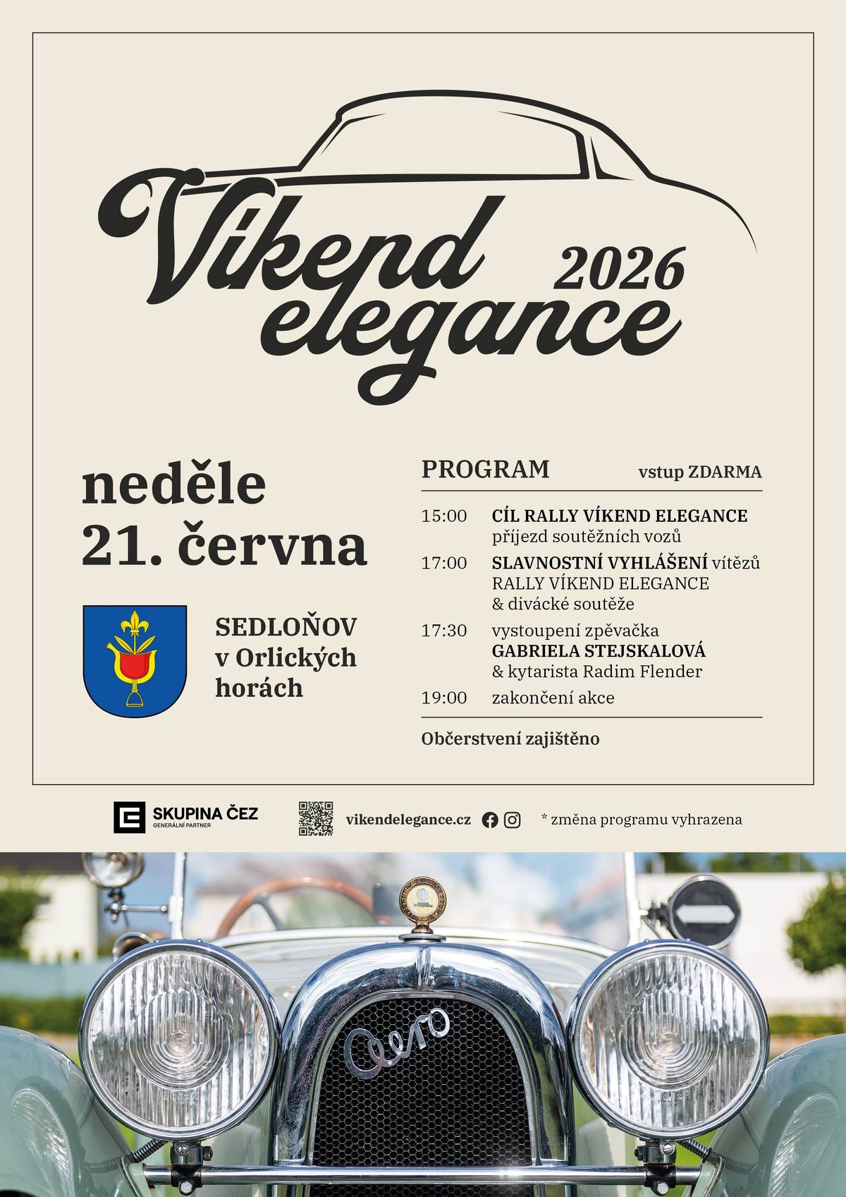 Připomínáme - CÍL RALLY VÍKEND ELEGENCE s příjezdem soutěžních vozů je u nás v Sedloňově od 15.00 hod. Bude pro vás připraveno občerstvení -  grilované klobásy, krkovička, pivo, víno, nealko. Srdečně zve Obec Sedloňov - spolupořadatel.