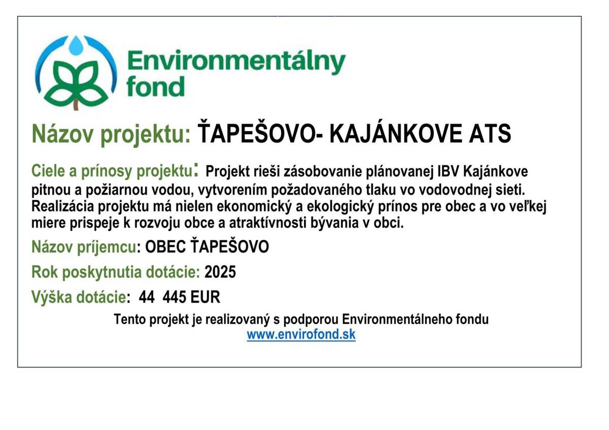 Projekt rieši zásobovanie plánovanej IBV Kajánkove pitnou a požiarnou vodou, vytvorením požadovaného tlaku vo vodovodnej sieti. Realizácia projektu má nielen ekonomický a ekologický prínos pre obec a vo veľkej miere prispeje k rozvoju obce a atraktívnosti bývania v obci.
