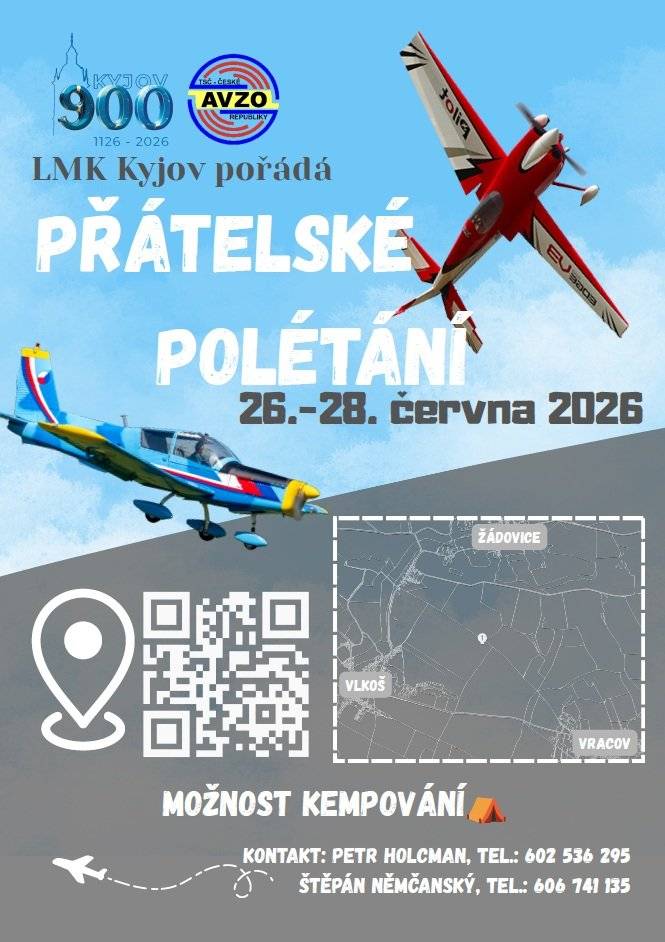 Letecko-modelářský klub Kyjov srdečně zve všechny občany na Přátelské polétání, které se uskuteční ve dnech 26.–28. června 2026 na letišti Kyjov; v areálu letiště je také možnost kempování.