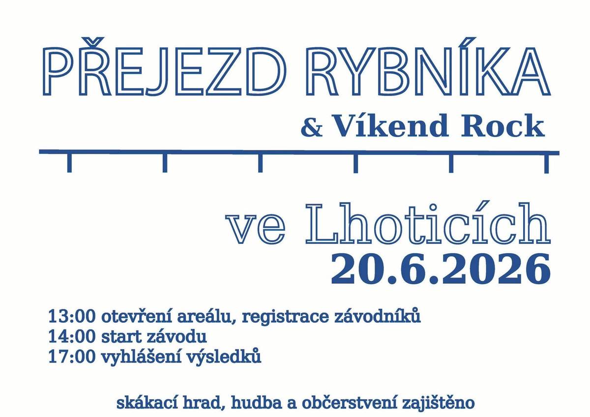 Dámy a pánové, příznivci výzev, jízdy na kole, osvěžení v chladných vodách venkovských rybníků a dobré zábavy! Už jen několik dní nás dělí od dalšího ročníku tradičního přejezdu rybníka ve Lhotice. Stále ještě tak máte pár dní na trénink. Využijte naše tipy a dorazte v sobotu na náves do Lhotic. Ať už se spokojíte s rolí diváka, nebo se rozhodnete aktivně zapojit do závodu, jistě se pobavíte...  Naše doporučení na dny zbývající do závodu:  🟢 trénujte jízdu na prkně položeném na pevném povrchu, které vám bude simulovat úzkou lávku 🟢 meditujte a hledejte vnitřní klid (budete ho potřebovat) 🟢 otužujte se studenou vodou (pro všechny případy) 🟢 připravte si náhradní oblečení i pro případ, že se nehodláte přejezdu aktivně zúčastnit (je dost možné, že atmosféra vás strhne - přihlásit se je možné i na místě!)   Večer po vyhlášení výsledků bude patřit kapele Víkend Rock.