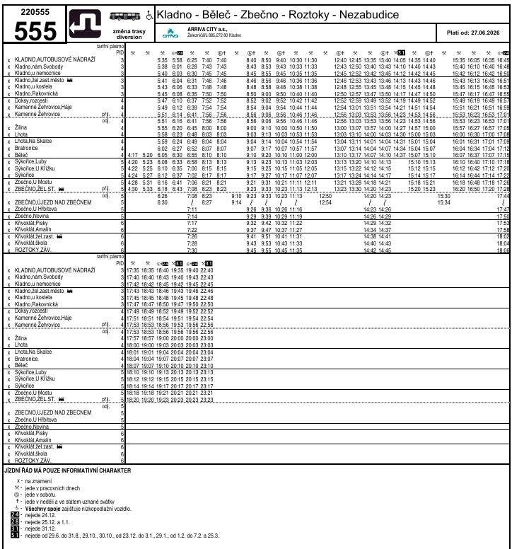 autobusové linky č. 555 - platný od 27.6. 2026