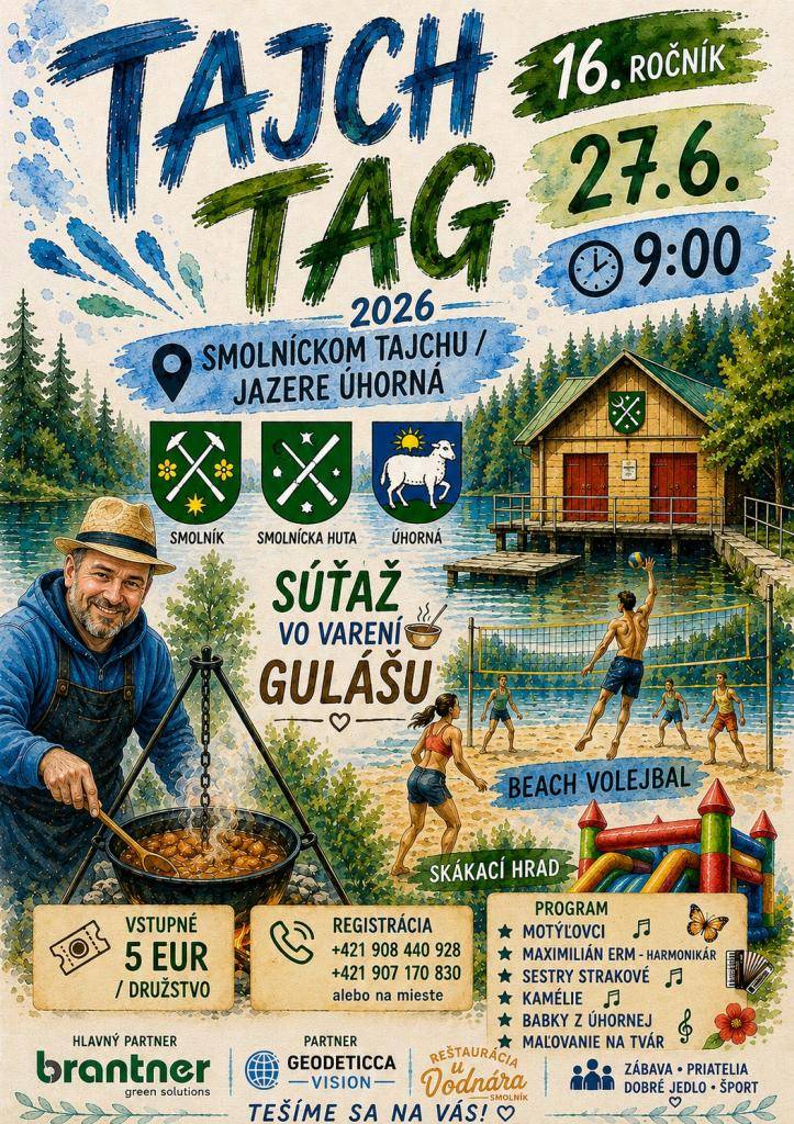Srdečne vás pozývame na 16. ročník Tajch Tagu, ktorý sa uskutoční dňa 27. júna 2026 so začiatkom o 9:00 hod. na Smolníckom Tajchu/jazere Úhorná.