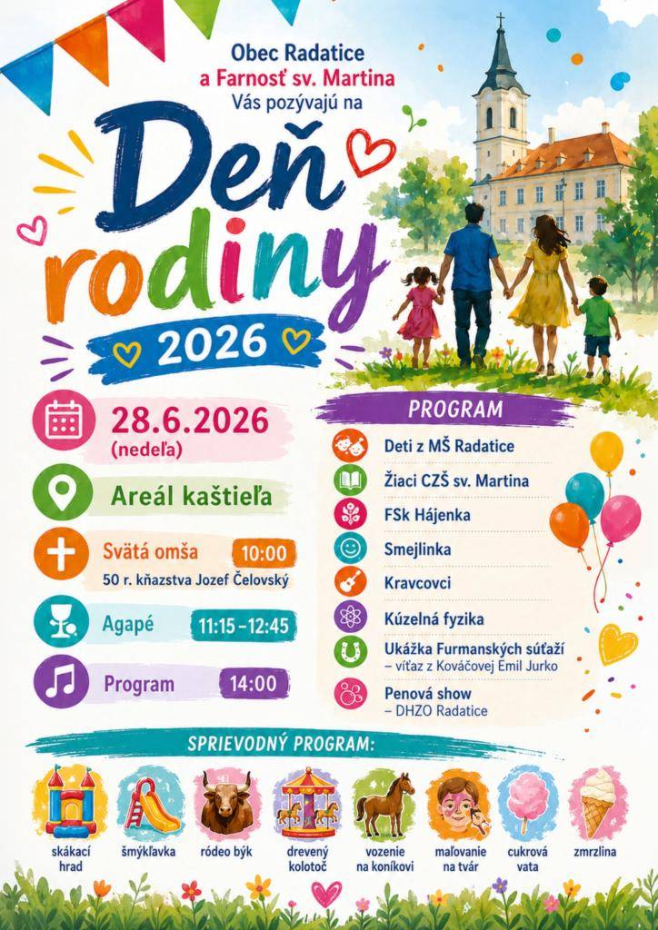 Svätou omšou si pripomenieme krásne výročie 50. rokov kňazstva nášho rodáka vdp. Jozefa Čelovského. Popoludní oslávime rodinu a priateľstvo zábavou, hudbou a dobrou náladou.Tešíme sa na Vás!