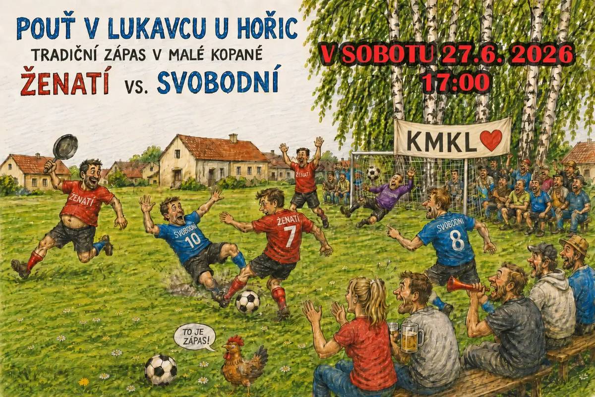 V sobotu 27. června 2026 od 17:00 se v Lukavci u Hořic uskuteční tradiční pouťový zápas v malé kopané Ženatí proti Svobodným. Přijďte podpořit hráče, pobavit se a užít si příjemné sportovní odpoledne. Po zápase bude připravené posezení a občerstvení.