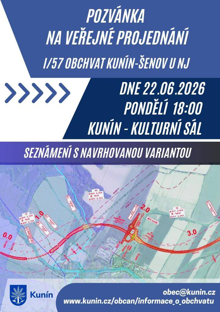 Srdečně zveme všechny občany na veřejné projednání k připravovanému projektu I/57 obchvat Kunína a Šenova u Nového Jičína, které se uskuteční v pondělí 22. června 2026 od 18:00 hodin v kulturním sále v Kuníně. V rámci veřejného projednání bude představena navrhovaná varianta obchvatu.