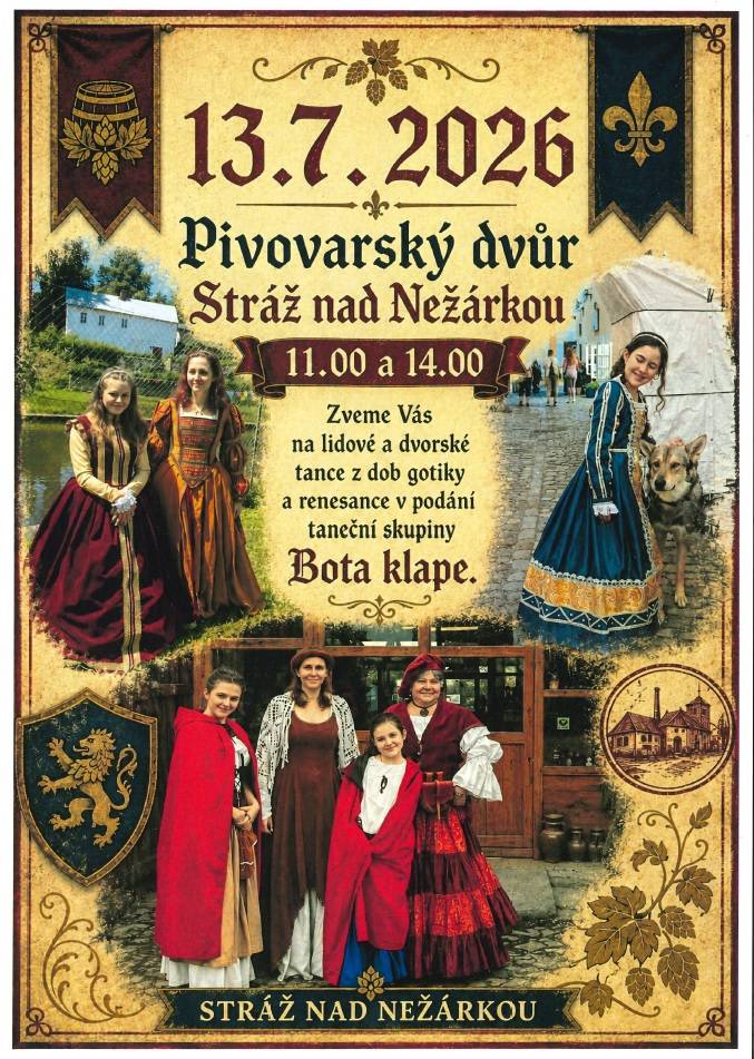 Zveme Vás na jedinečné taneční vystoupení v pivovarském dvoře. V pondělí 13.07.2026 se můžete těšit na lidové tance z dob gotiky a renesance, které předvede talentovaná taneční skupina Bota klape. Akce začíná v 11:00 a je ideální pro všechny zájemce o tradiční kulturu a historii.