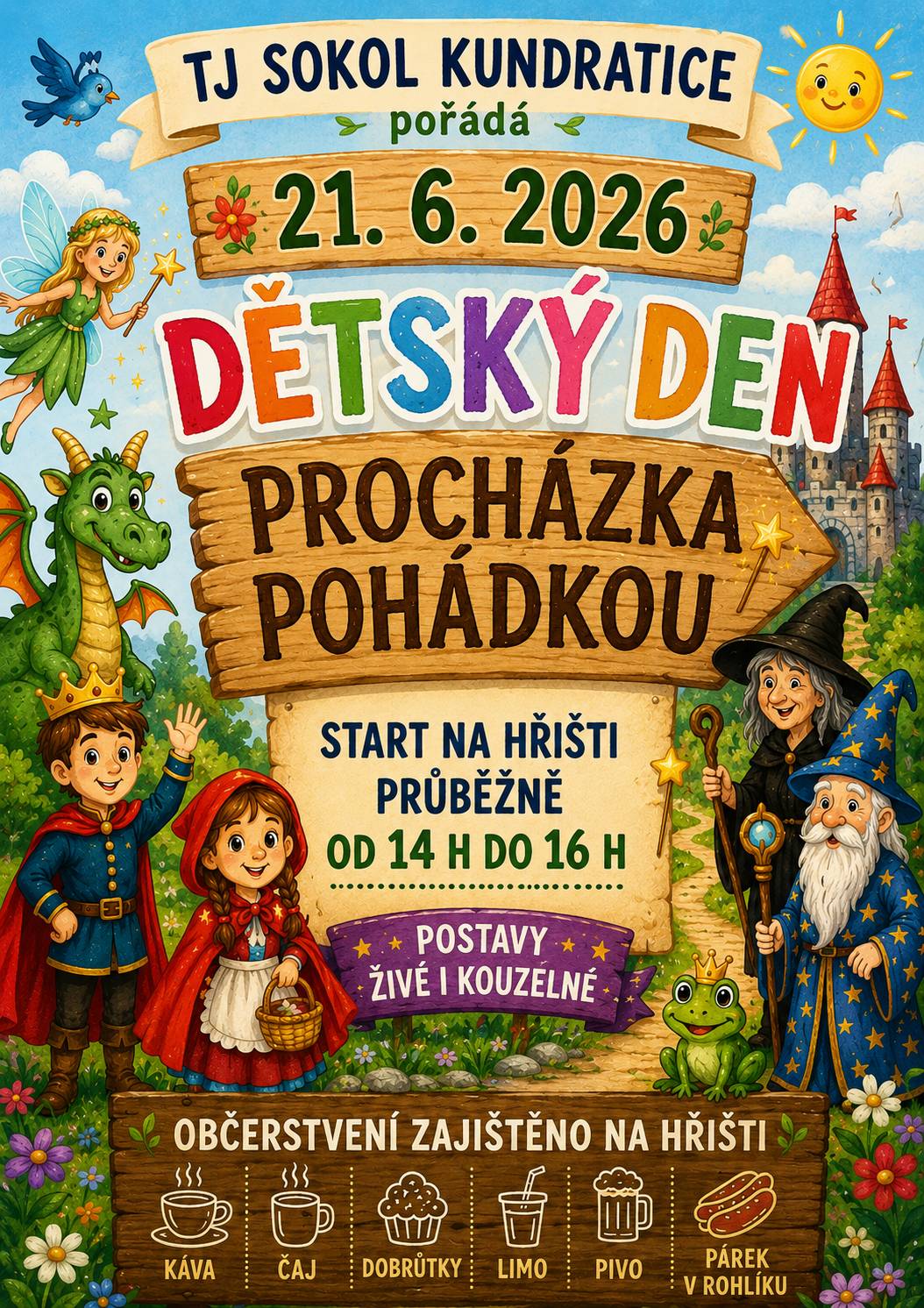 - Oznamujeme, že zítra 19.6. bude zubní ordinace MUDr. Jůzy uzavřena. Akutní bolesti ošetří MUDr. Jitka Buriánková v Semilech. - TJ Sokol Kundratice vás zve na dětský den – Procházku pohádkou, který se koná tuto neděli 21. 6. Start je na hřišti v Kundraticích průběžně od 14 do 16 hodin.