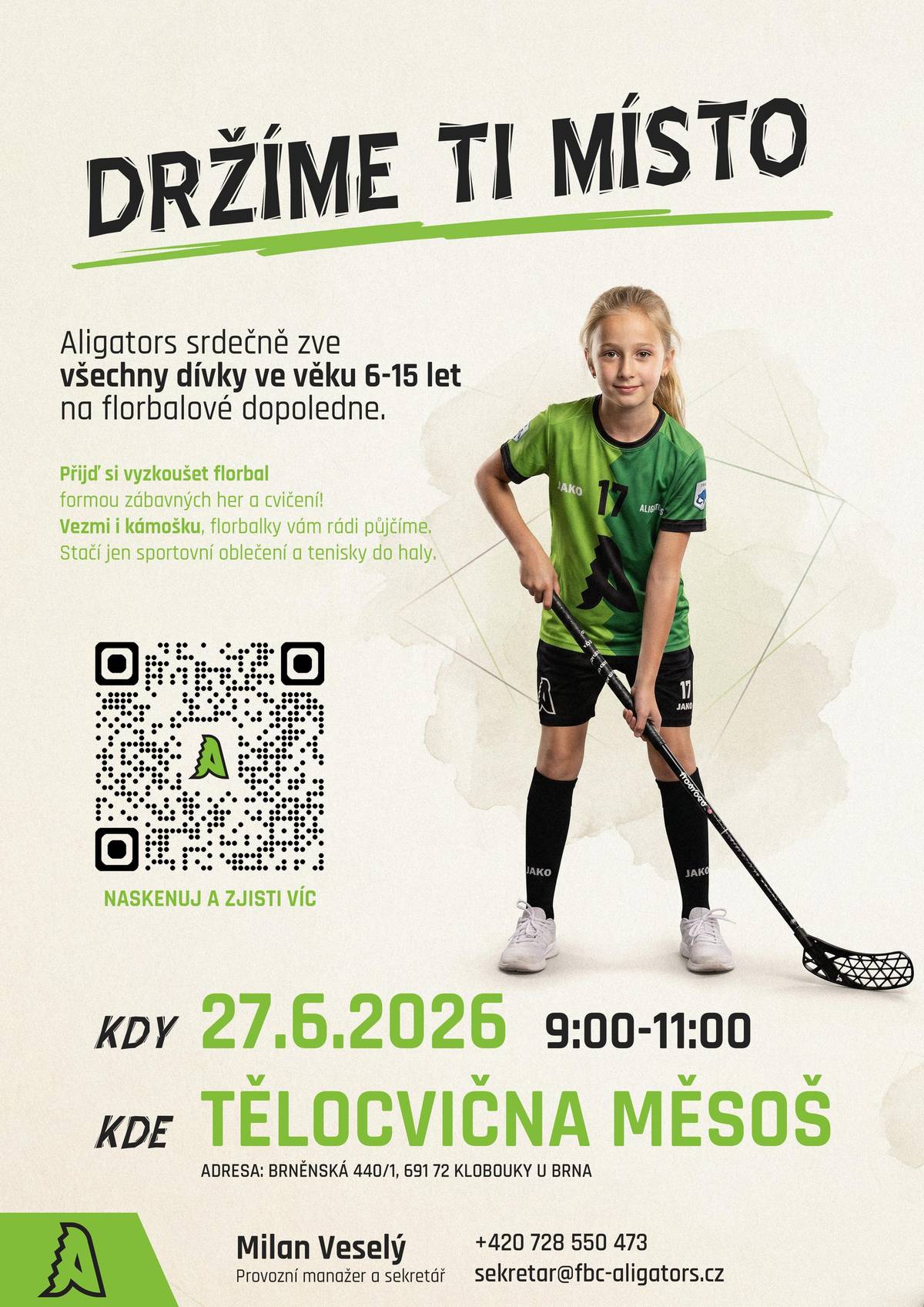 Tělocvična v Kloboukách u Brna, v sobotu 27.6.2026 v čase 9:00 - 11:00 hodin. Více na letáčku.