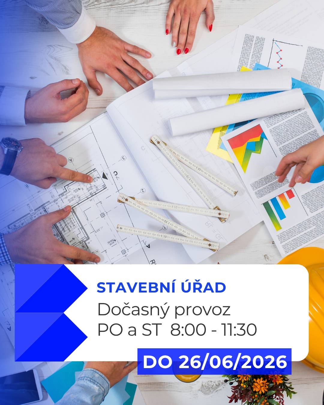 Stavební úřad v Bystřici bude do 26. června 2026 v omezeném provozu. Úřední hodiny jsou pouze v pondělí a ve středu od 8:00 do 11:30. Děkujeme za pochopení.