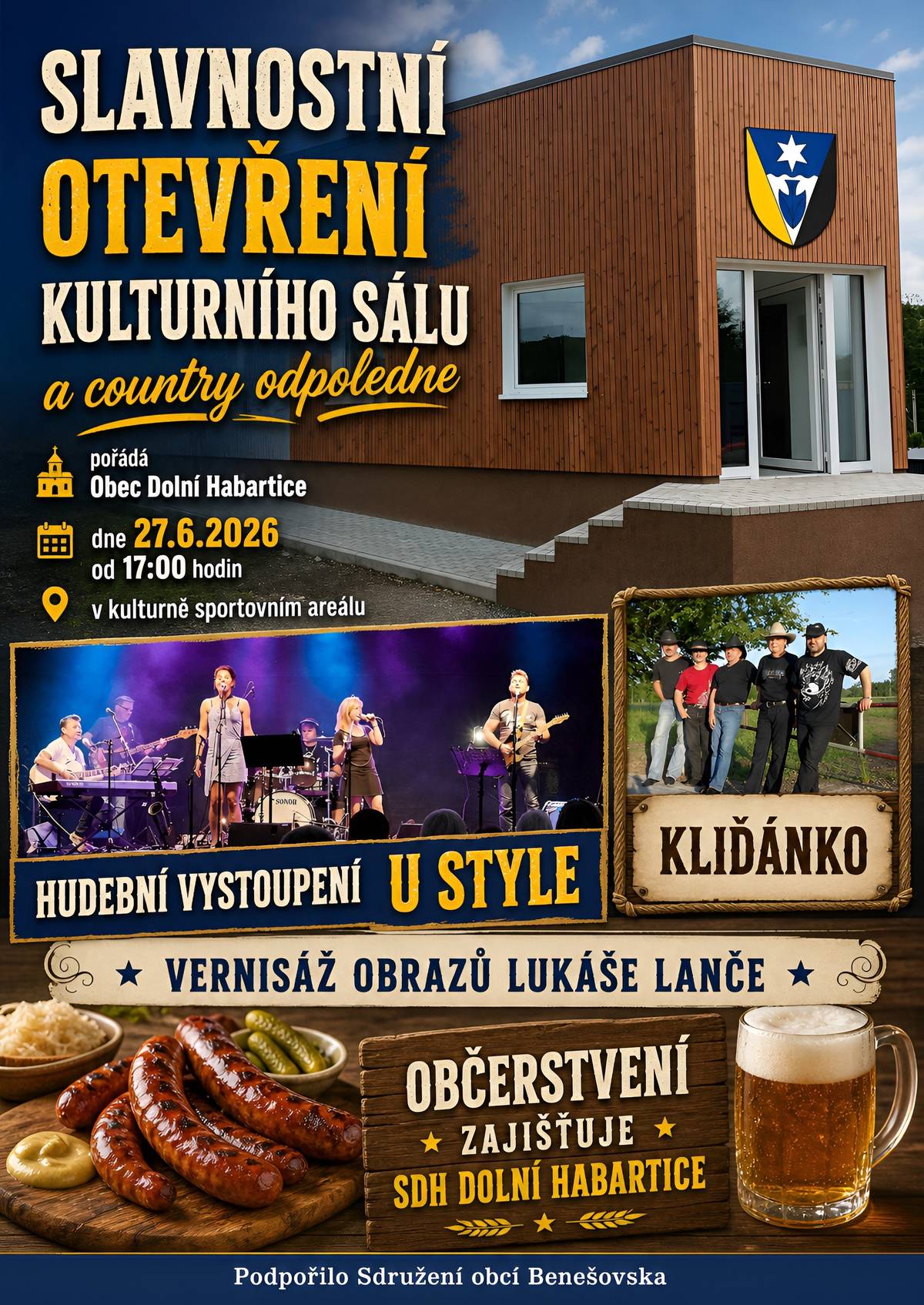 Přijďte se pobavit a podívat na nový kulturní stánek obce. Uslyšíte dvě vynikající hudební tělesa, bude i vystoupení Řádu černých rytířů, děti si užijí hracích prvků, bude možnost si i zasportovat. Na novém sále bude vernisáž občana obce, amatérského umělce a spisovatele Lukáše Lanče. O občerstvení se postarají naši hasiči. Všichni jste srdečně zváni. Starosta