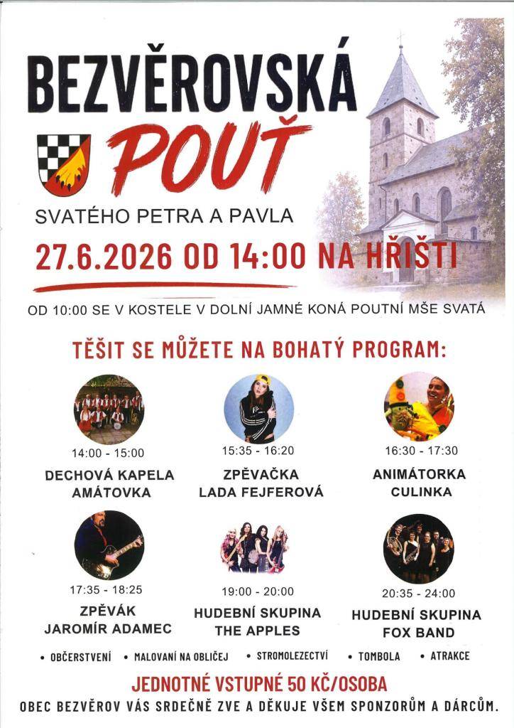 OBEC BEZVĚROV VÁS SRDEČNĚ ZVE NA TRADIČNÍ POUŤ SVATÉHO PETRA A PAVLA 2026
