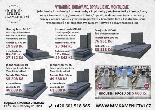 Ve dnech 17.6. - 24.6. bude na místních hřbitovech poskytovat kamenické služby firma MM KAMENICTVÍ s.r.o.   Konkrétní termíny přítomnosti:    - Velké Heraltice - 17.6. v 16:00 a 24.6. v 16:00
