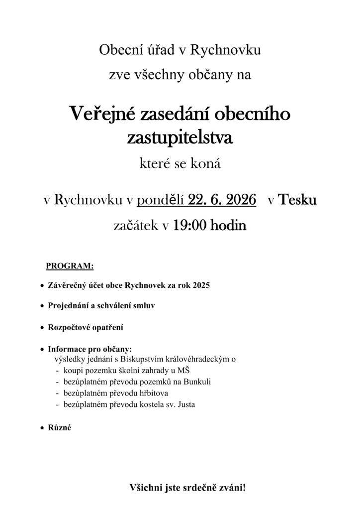 Veřejné zasedání zastupitelstva 22.6.2026