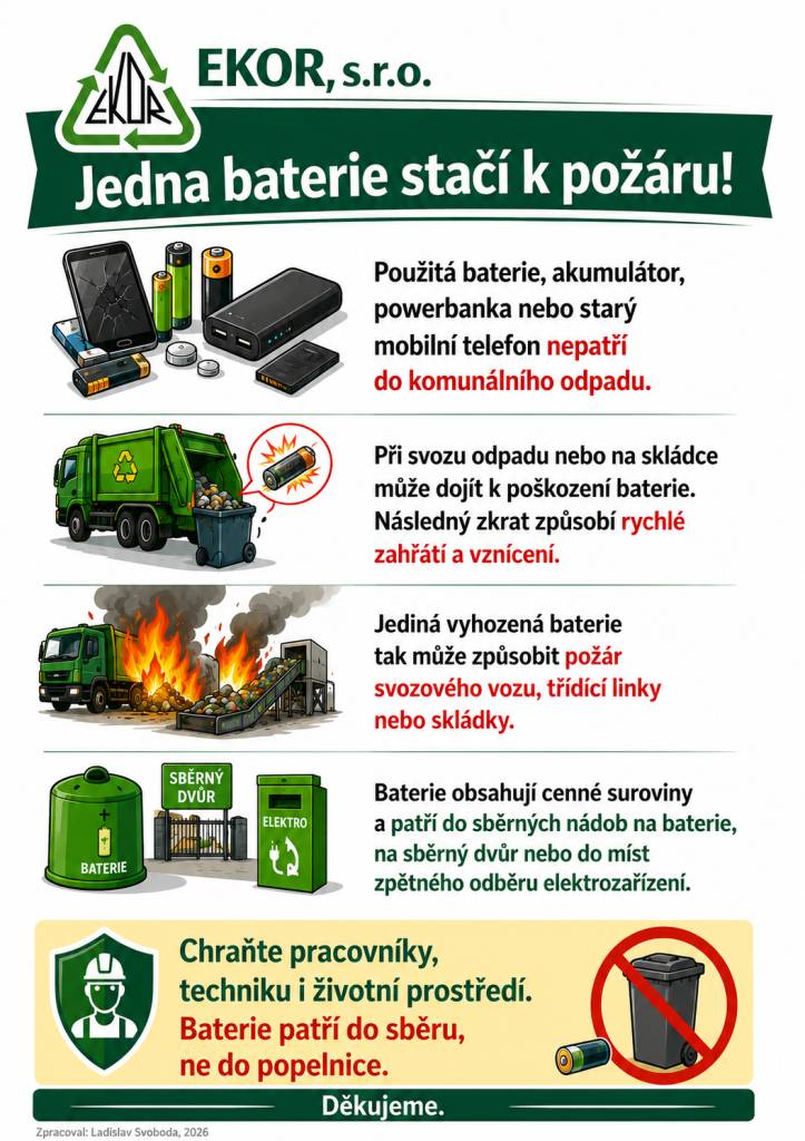 Upozorňujeme občany, že použité baterie, akumulátory, powerbanky ani staré mobilní telefony nepatří do komunálního odpadu.