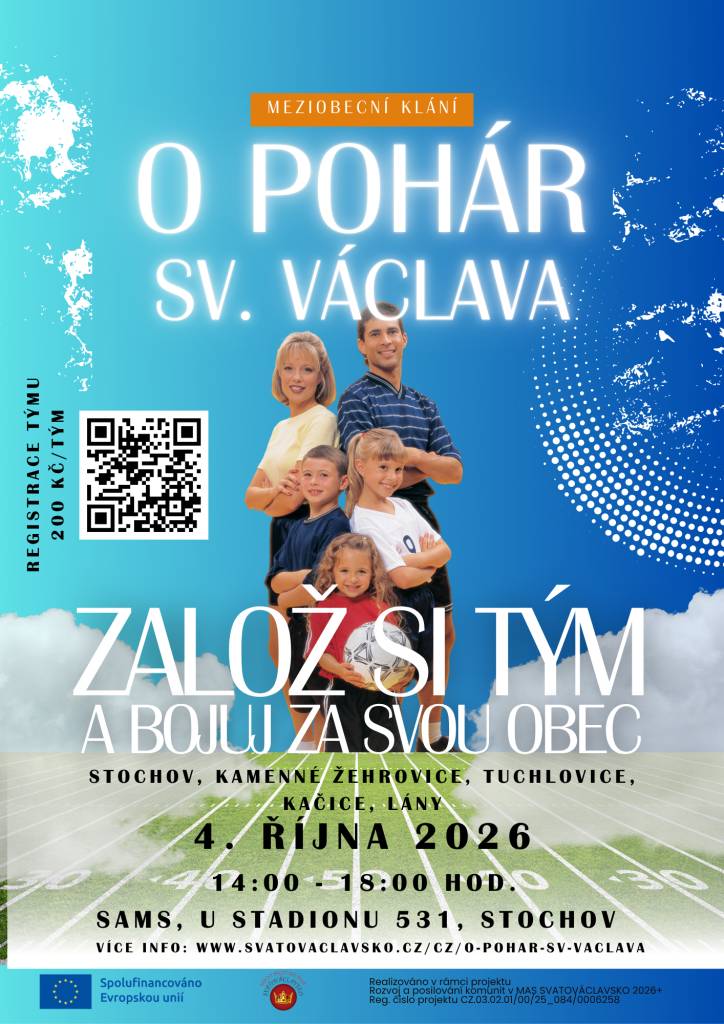 V rámci meziobecního klání "O pohár sv. Václava" které se uskuteční v neděli 4. října 2026 od 14:00 do 18:00 hodin ve sportovních areálech města Stochova hledáme členy týmu z naší obce.  Jedná se o komunitní akci pro všechny generace.