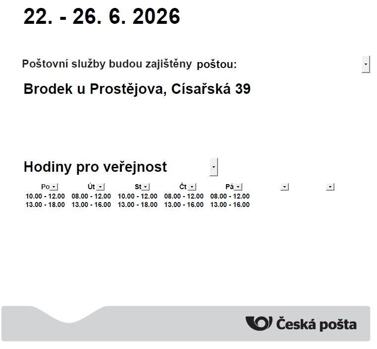 Pošta Partner v Kelčicích bude v týdnu 22. - 26. 6. 2026 uzavřena. Poštovní služby budou zajištěny poštou Brodek u Prostějova, Císařská 39. Děkujeme za pochopení.