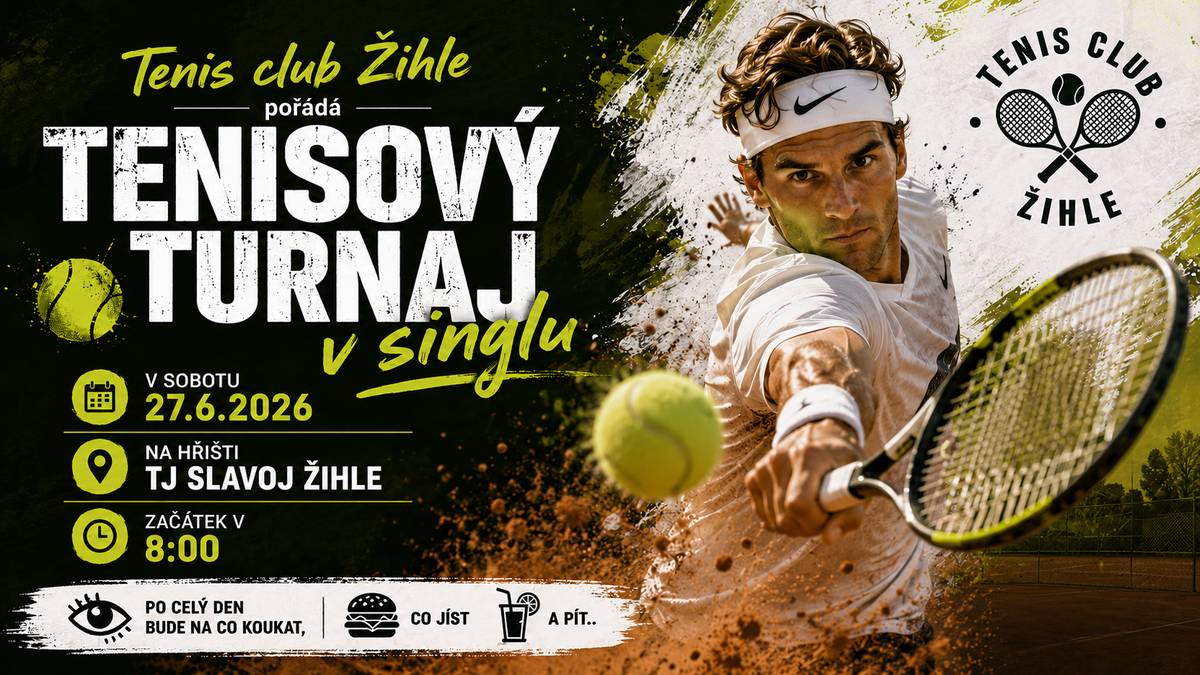 Tenis club Žihle Vás zve na TENISOVÝ TURNAJ v singlu, který se koná v sobotu 27. června 2026 od 8:00 hodin na hřišti TJ Slavoj Žihle.
