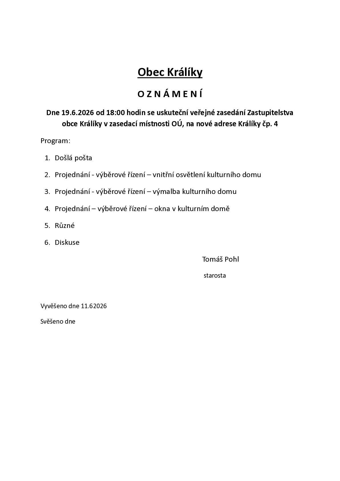 Pozvánka na schůzi OZ 19.6.2026