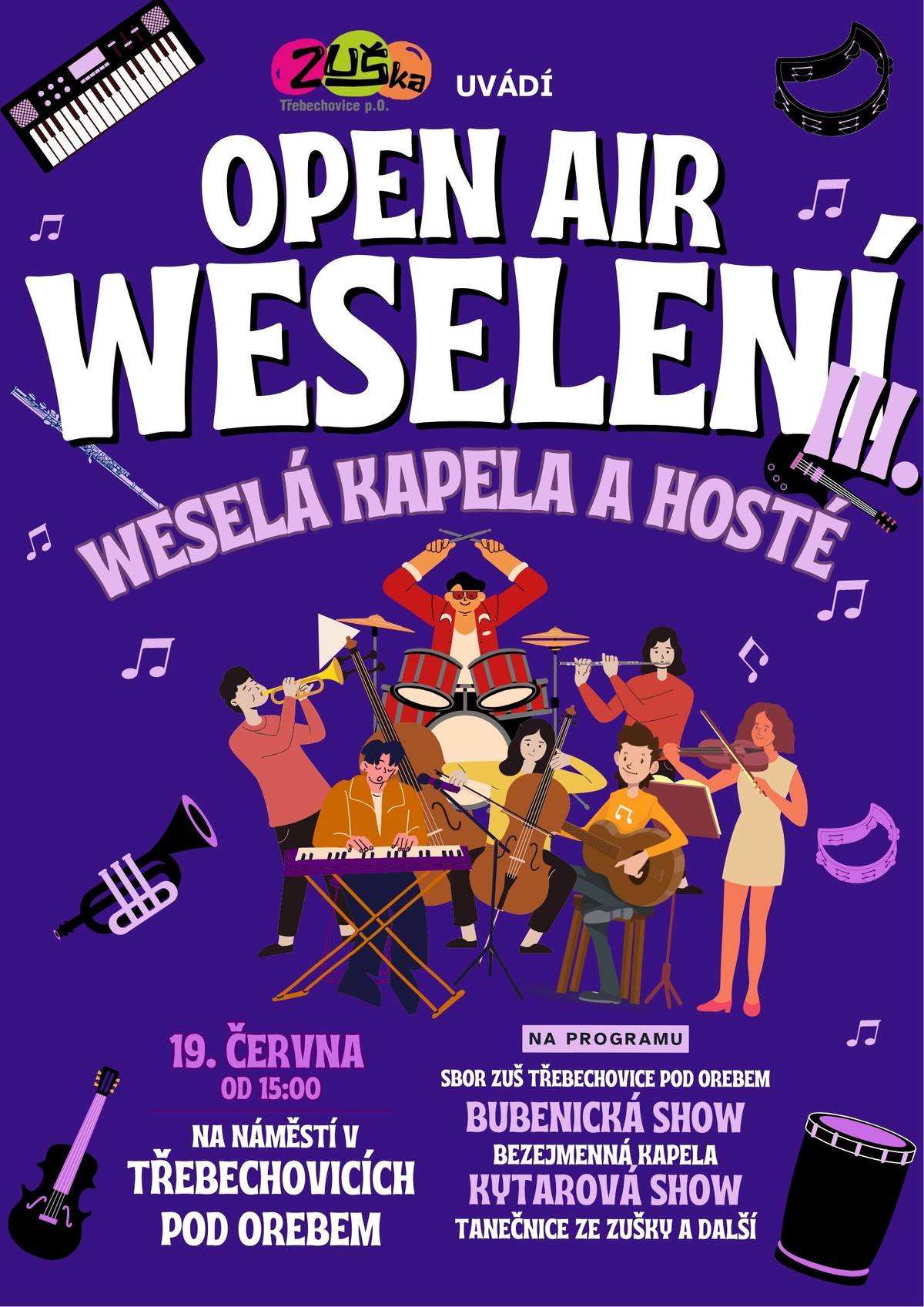 Přijďte si užít páteční odpoledne s muzikanty ze ZUŠky! Čeká Vás filmová hudba, bubenická a kytarová show a sbor Orebáček. Startujeme v 15 hodin na náměstí. Těší se na Vás weselý tým ZUŠky.
