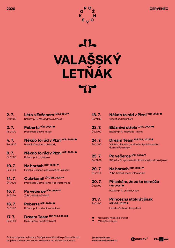 Valašský letňák 2026 přináší pestrý program filmových projekcí po celém Valašsku. V červenci se můžete těšit na snímek "Někdo to rád v Plzni", který budeme promítat na našem koupališti.
