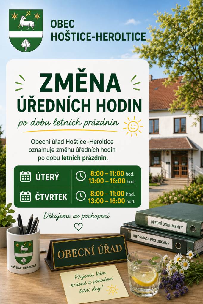V letních měsících dojde k úpravě úředních hodin našeho úřadu. Změna bude platná od 1. července do 31. srpna 2026.