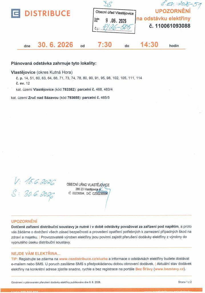 ČEZ - Plánovaná odstávka elektřiny v úterý 30.6.2026 od 7:30 do 14:30 hodin v obci Vlastějovice