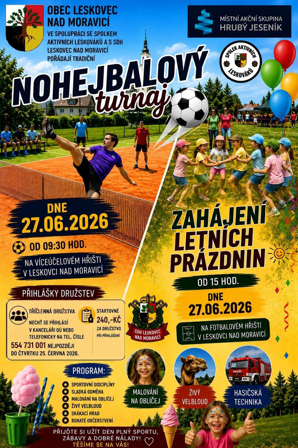 Obec Leskovec nad Moravicí srdečně všechny zve na tradiční akce, které se konají v sobotu 27. června 2026 na místním hřišti.  https://www.leskovecnadmoravici.eu/akce-a-volny-cas/kalendar-akci/nohejbalovy-turnaj-a-zahajeni-letnich-prazdnin-780_417cs.html