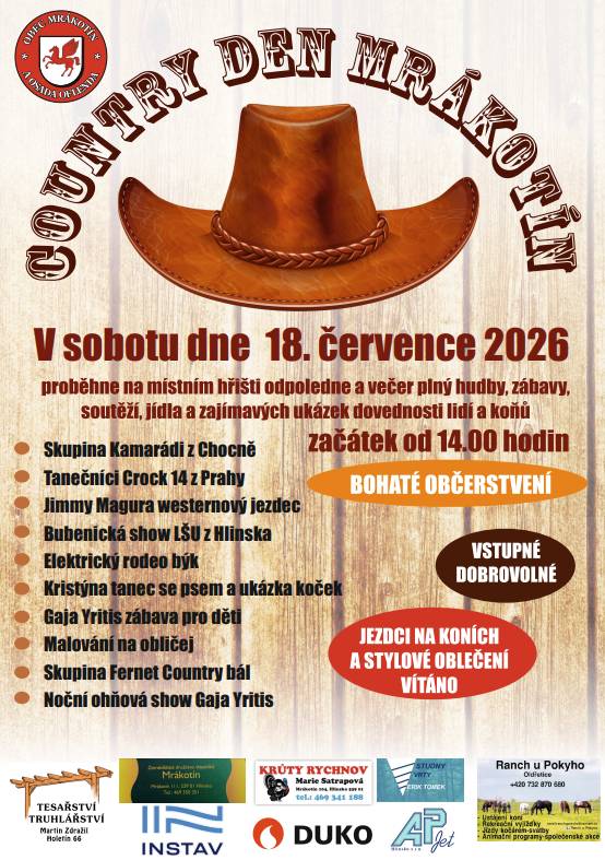Náš tradiční country den už je téměř za dveřmi. Přijďte si ho užít spolu s námi! Odpoledne se můžete těšit na Kamarády z Chocně, tanečníky Crock 14, Jimmiho Maguru, bubenickou show, malování na obličej nebo elektrického rodeo býka, večer pak na Fernet Country bál a noční ohňovou show.