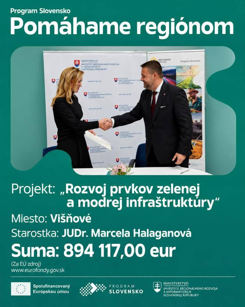 Dobrá správa pre našu obec Višňové!    V týchto dňoch sme podpísali zmluvu o poskytnutí nenávratného finančného príspevku (NFP) na realizáciu projektu „Rozvoj prvkov zelenej a modrej infraštruktúry“ - Vybudovanie centrálnej zóny obce Višňové.