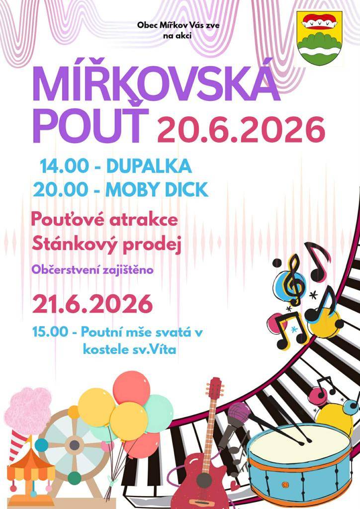 Vážení spoluobčané,  z důvodu nemoci zpěváka kapely Agnes Revival Rock došlo ke změně večerního programu pouti. Od 20.00 hodin vystoupí kapela Moby Dick.  Děkujeme za pochopení a těšíme se na vaši účast.