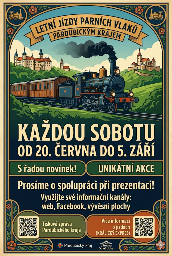 Pardubický kraj vás zve na další ročník oblíbených jízd historických parních vlaků. Letošní sezóna přináší řadu novinek!   Kdy: Každou sobotu od 20. června do 5. září.   Více informací: Podrobnosti najdete v tiskové zprávě Pardubického kraje.
