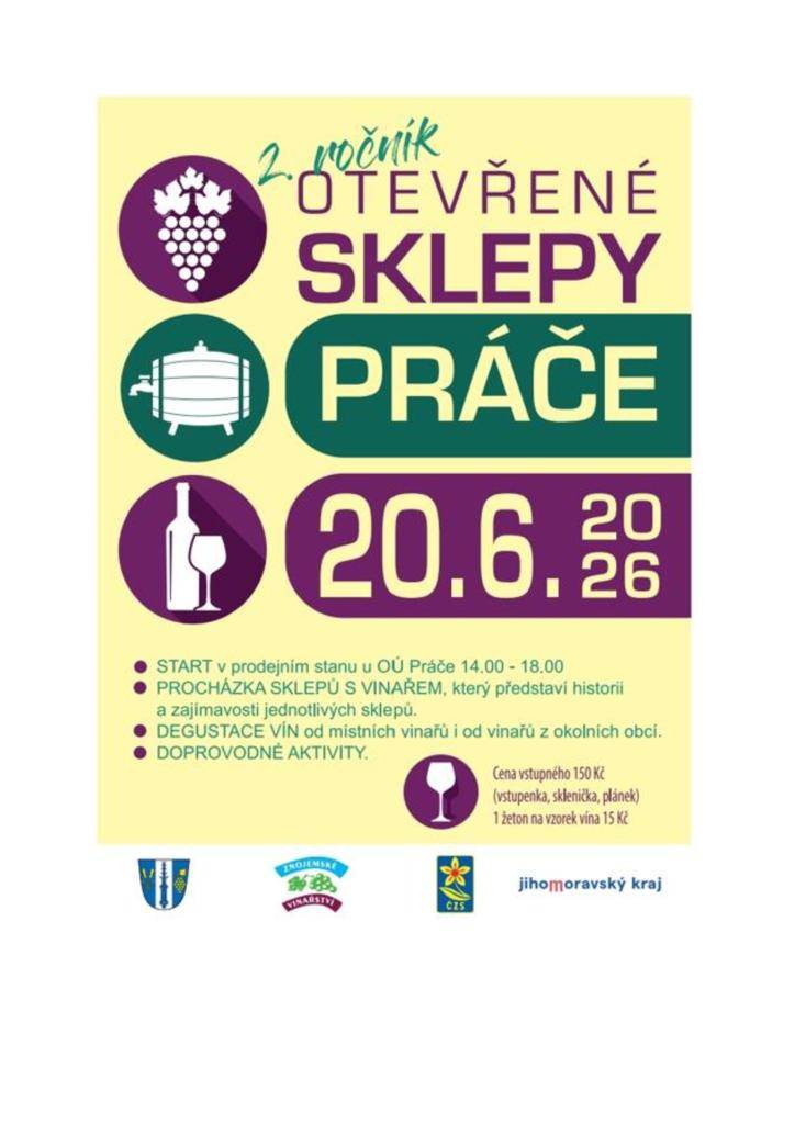 V sobotu 20. června 2026 se koná akce Otevřené sklepy Práče od 14:00 hod. Pořadatelé srdečně zvou na přátelské posezení u vína s občerstvením. Pozvánku na otevřené sklepy v Práčích u Znojma najdete v příloze článku.