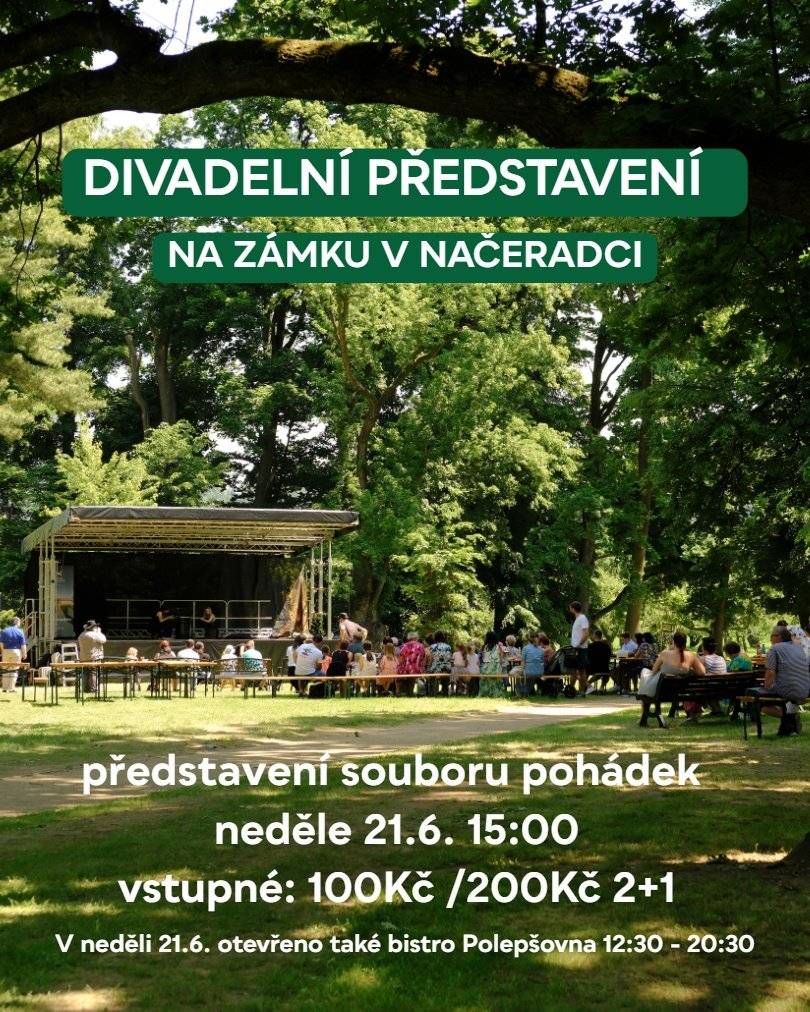 Zveme vás v neděli 21.6. od 15 hod do zámeckého parku v Načeradci na Soubor pohádek Ochotnického divadla. Pohádkové odpoledne pro děti i dospělé. Těšíme se na vás!
