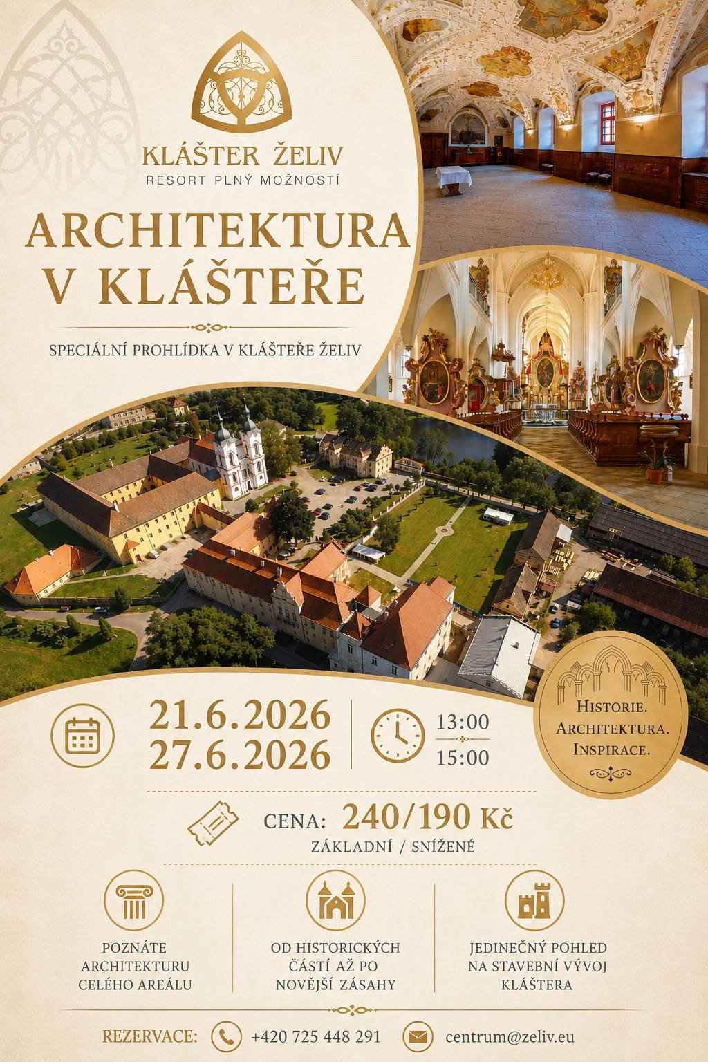 Speciální prohlídka Poznejte Klášter Želiv z nové perspektivy. Vydejte se s námi po stopách stavebního vývoje kláštera a objevte zajímavosti o jeho architektuře od historických částí až po novější zásahy. Termín: 21. a 27. června 2026  Čas: 13:00 a 15:00 Vstupné: 240 / 190 Kč Rezervace: +420 725 448 291 📧 centrum@zeliv.eu Těšíme se na vaši návštěvu!
