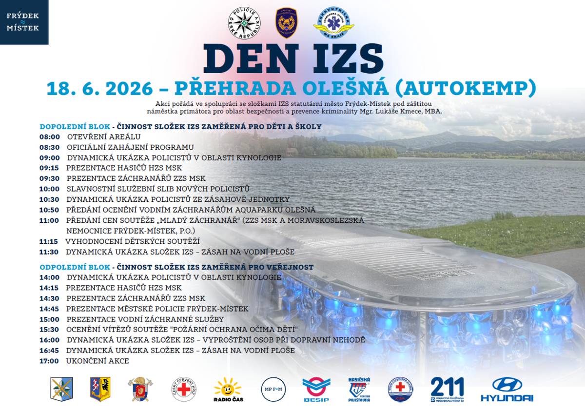 Srdečně Vás zveme na Den IZS, který se koná v okolí přehrady Olešná ve Frýdku-Místku. Tato akce je určena nejen školám, ale i rodinám a všem zájemcům o práci integrovaného záchranného systému. Přijďte strávit příjemný den plný zážitků a informací.  Více viz plakát.