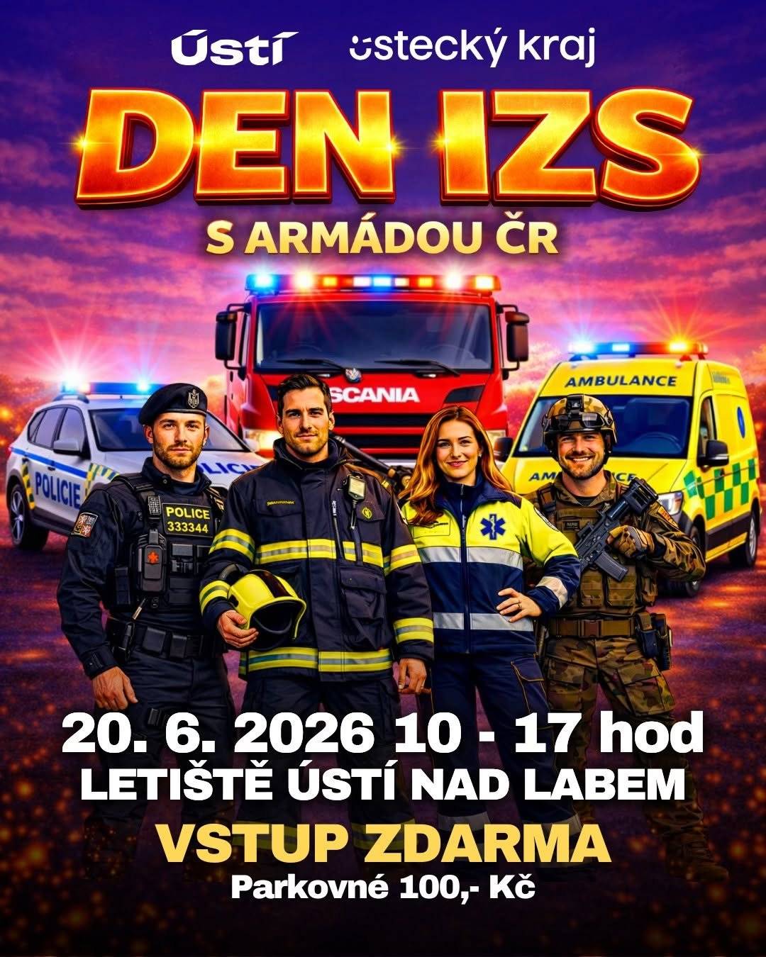 KDY: 20. 6. 2026 I 10:00 - 17:00 KDE: Letiště Ústí nad Labem  Na co se můžete těšit * Na setkání se všemi složkami IZS - hasiči, policisty, záchranáři a armádou * Na zásahová vozidla, vrtulník, hasičský žebřík i ukázku slaňování * Na chill zónu města Ústí nad Labem, kde si budete moci odpočinout  * Na setkání se zástupci Oddělení strategického rozvoje Magistrátu města Ústí nad Labem, kteří s Vámi sestaví pocitovou mapu Ústí nad Labem.  Jak se dostat na Den s IZS? * Na letišti bude připravena plocha pro parkování přímo v areálu. * Parkovné je 100 Kč a platba bude možná výhradně kartou. * Pro návštěvníky bude k dispozici také kyvadlová doprava Dopravního podniku města Ústí nad Labem. * Autobus bude jezdit podle přiloženého jízdního řádu na zastávku Podhoří, odkud se na letiště dostanete pěšky přibližně do 10 minut. Program 10:00 – Oficiální zahájení 10:05 –  boj zblízka - Armáda ČR 10:15 – Ukázka práce služebních psů vězeňské služby - vyhledávání drog 10:30 – Jízdní policie v akci 11:00 – Dětský požární zásah 11:15 – Seskok jednotky URNA z policejního vrtulníku 11:45 – Zásahová jednotka PČR přímo z nebe! 12:00 – Slavnostní přivítání diváků hejtmanem Ústeckého kraje a primátorem města Ústí nad Labem 12:30 – Vyprošťování osob z havarovaného vozu 13:00 –  German copters ukázka dronů 13:15 – boj zblízka - Armáda ČR 13:30 – Ukázka práce služebních psů – poslušnost a eliminace 14:00 – Zásah letecké záchranky ZZS ÚK 14:45 – Hašení hořícího automobilu 15:15 – Lezecké ukázky hasičů 15:30 – Czech mentrailing center K9 - stopování se psi 15:45 - vezeňská eskorta  - útěk vězně Den s IZS nabídne jedinečnou příležitost nahlédnout do práce těch, kteří se starají o naši bezpečnost.