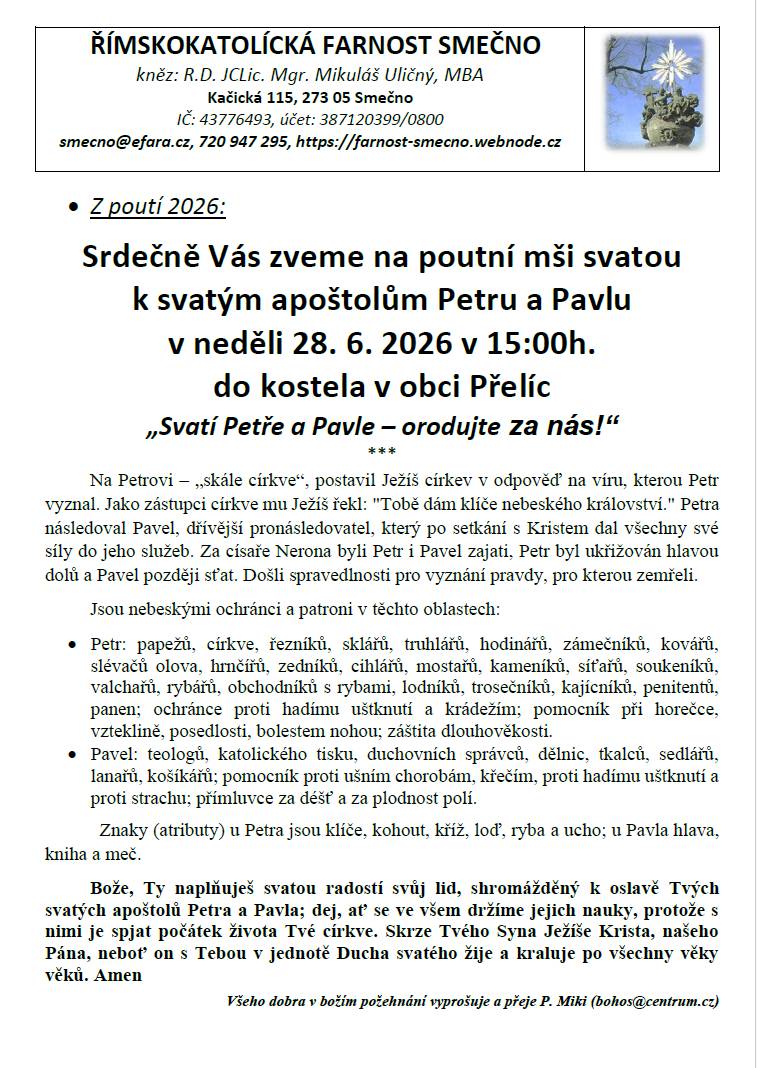 V sobotu 27. června 2026 vás srdečně zveme na tradiční Pouťovou zábavu, která se uskuteční ve volnočasovém hřišti v Rybníčku. K tanci i poslechu zahraje Puzzle Band, o skvělé občerstvení se postará slánská Kozlovna. Chybět nebude ani bohatá tombola, jejímž vrcholem bude losování o hodnotné ceny. Pouťové oslavy budou pokračovat v neděli 28. června od 15:00, kdy se rozezní zvony na historické zvonici a pozvou všechny věřící i návštěvníky na poutní mši svatou ke cti svatých apoštolů Petra a Pavla, patronů našeho malebného kostela. Přijďte si užít příjemný večer, setkat se s přáteli a společně prožít krásný pouťový víkend v Rybníčku a kostele sv. Petra a Pavla!