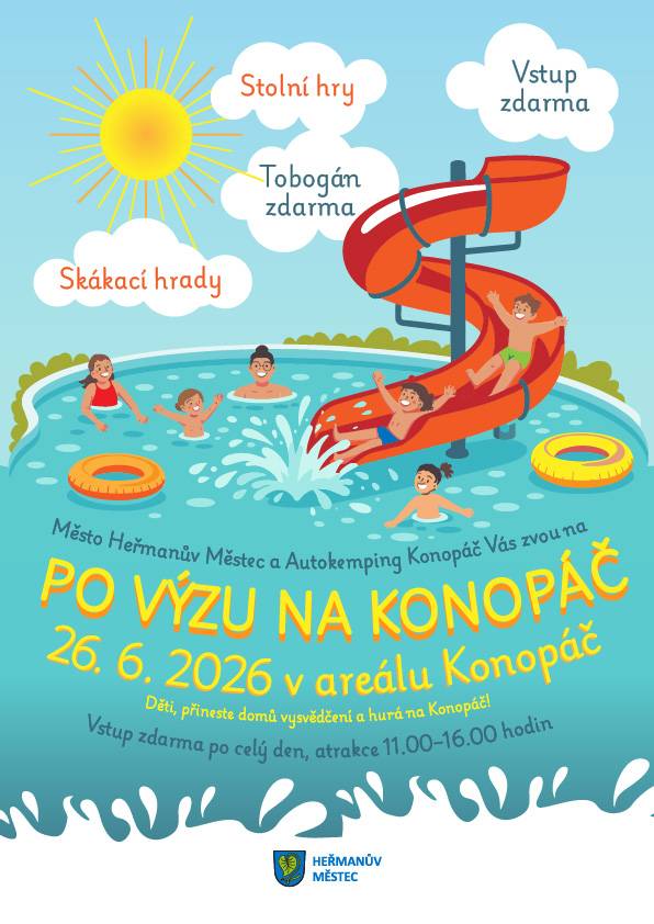 Město Heřmanův Městec a Autokempink Konopáč zvou všechny děti i rodiče na akci "Po výzu na Konopáč". Čekají vás skákací hrady, tobogán, stolní hry a spousta letní pohody. Vstup i atrakce zdarma!