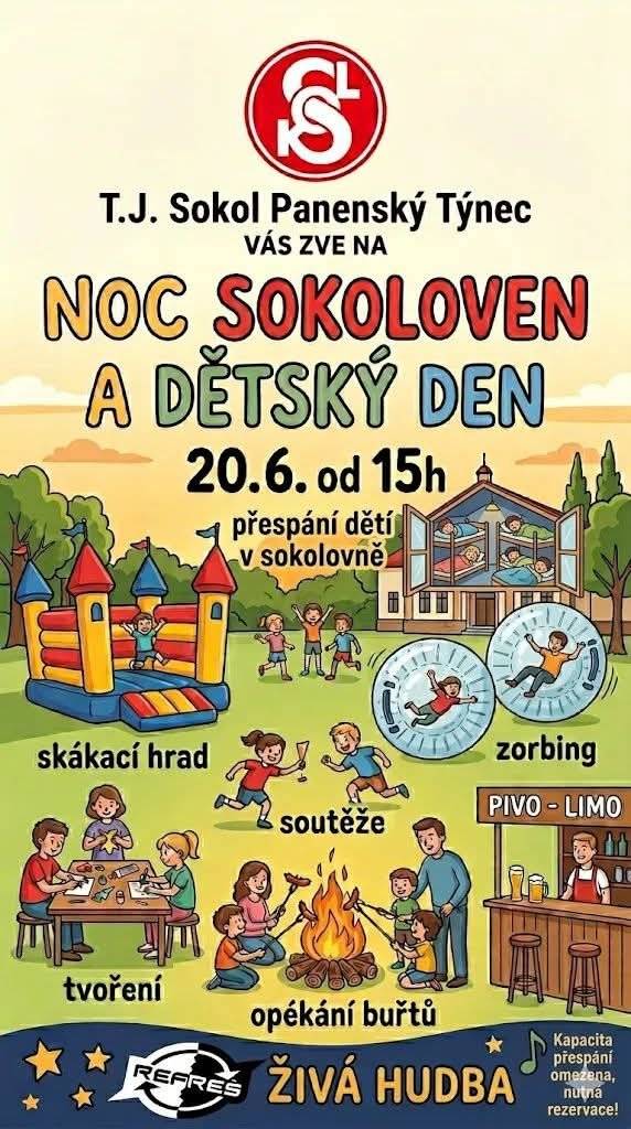 Sokol Panenský Týnec zve v sobotu 20. 6. od 15:00 na Dětský den v sokolovně. Od 19:00 posezení při hudbě se skupinou Refreš. Občerstvení zajištěno – opékání buřtů a kýta z grilu. Srdečně zvou pořadatelé.