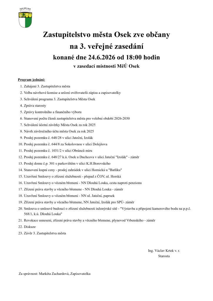 Pozvánka na 3. veřejné zasedání Zastupitelstva města, termín jednání 24.06.2026 od 18:00 hod.